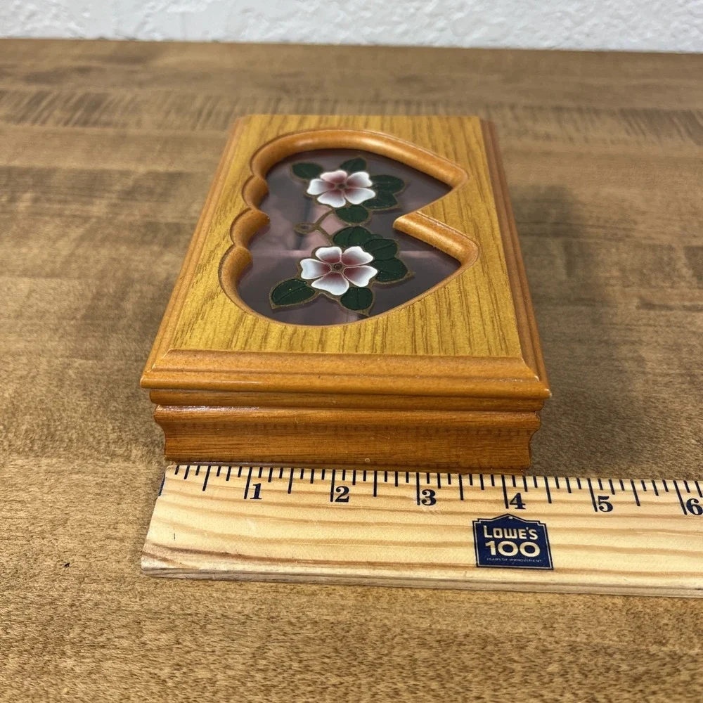 Vintage Wood Wooden Trinket Jewelry Box W/ Flower Blossom Design